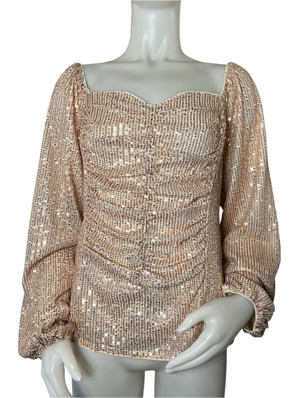 Ruched Sequin Square-Neck Blouse in Blush